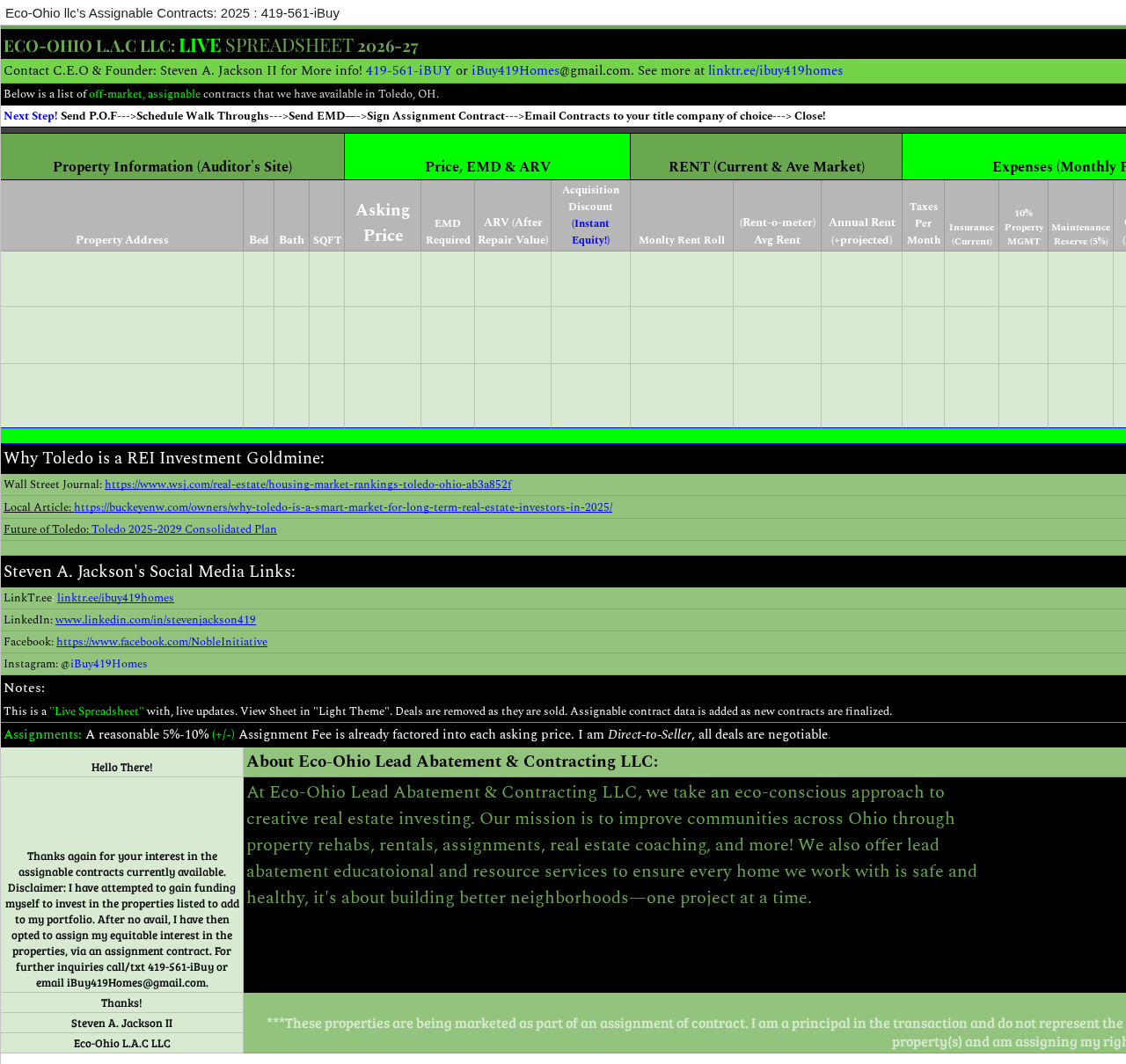 Preview of Eco-Ohio's live REI spreadsheet of assignable contracts