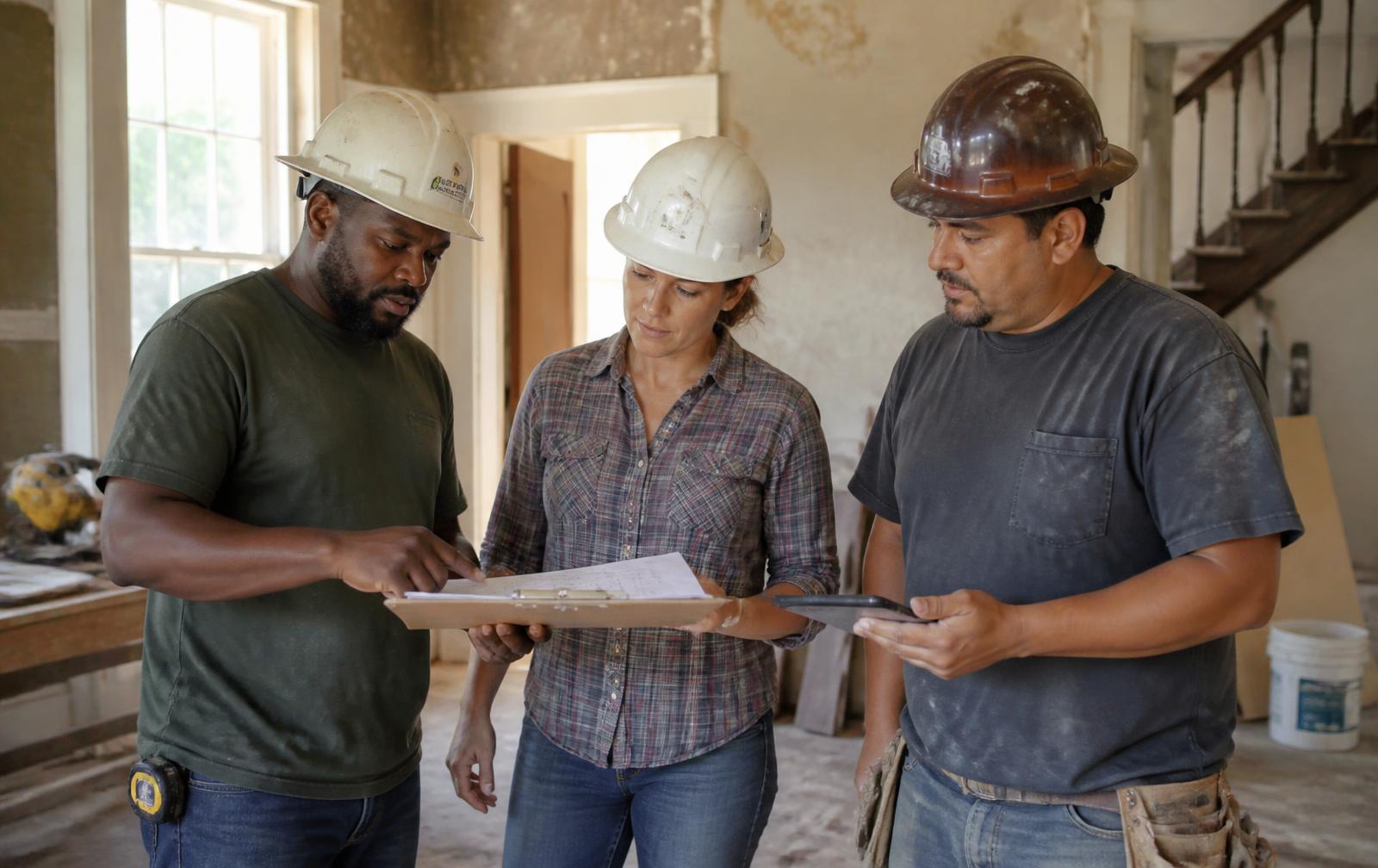 Two contractors reviewing a project scope on a renovation job site