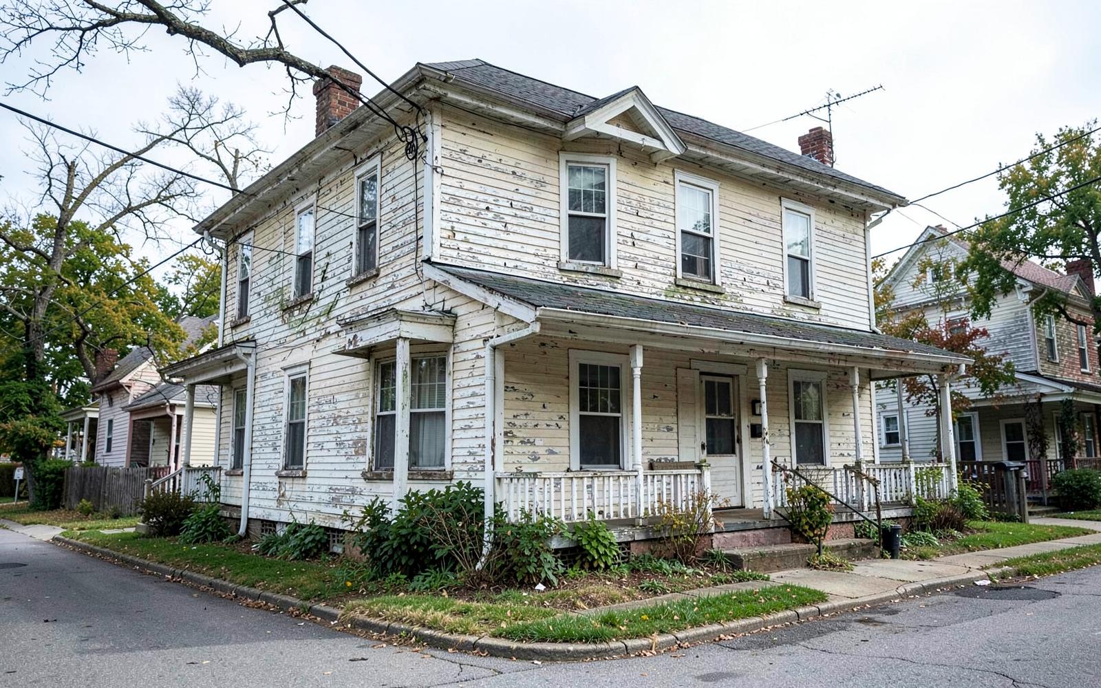 Older Toledo-area house with peeling lead-era paint on its wood siding
