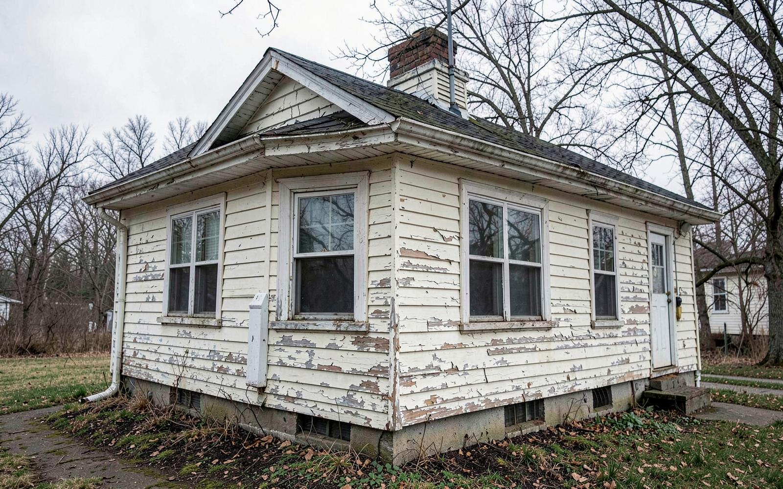 Older bungalow with visibly peeling lead-era paint, the kind of home Eco-Ohio works on